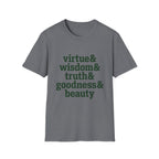Virtue & Wisdom Check List homeschool mom graphic t-shirt with a playful checklist-style homeschool graphic with bookish and nature-inspired details