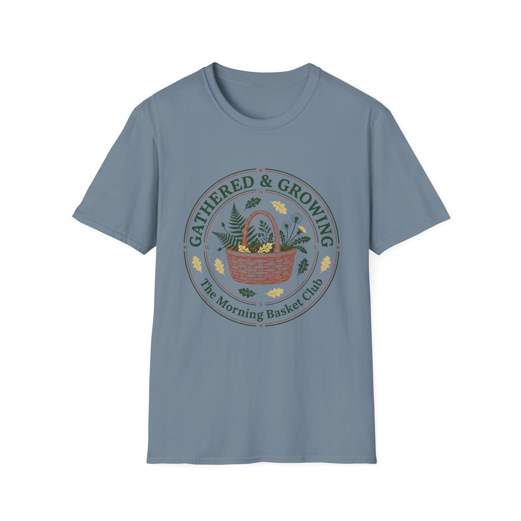 Gathered & Growing homeschool mom graphic t-shirt with a gathered-at-home inspired graphic with books, florals, and cozy family learning details