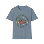 Gathered & Growing homeschool mom graphic t-shirt with a gathered-at-home inspired graphic with books, florals, and cozy family learning details