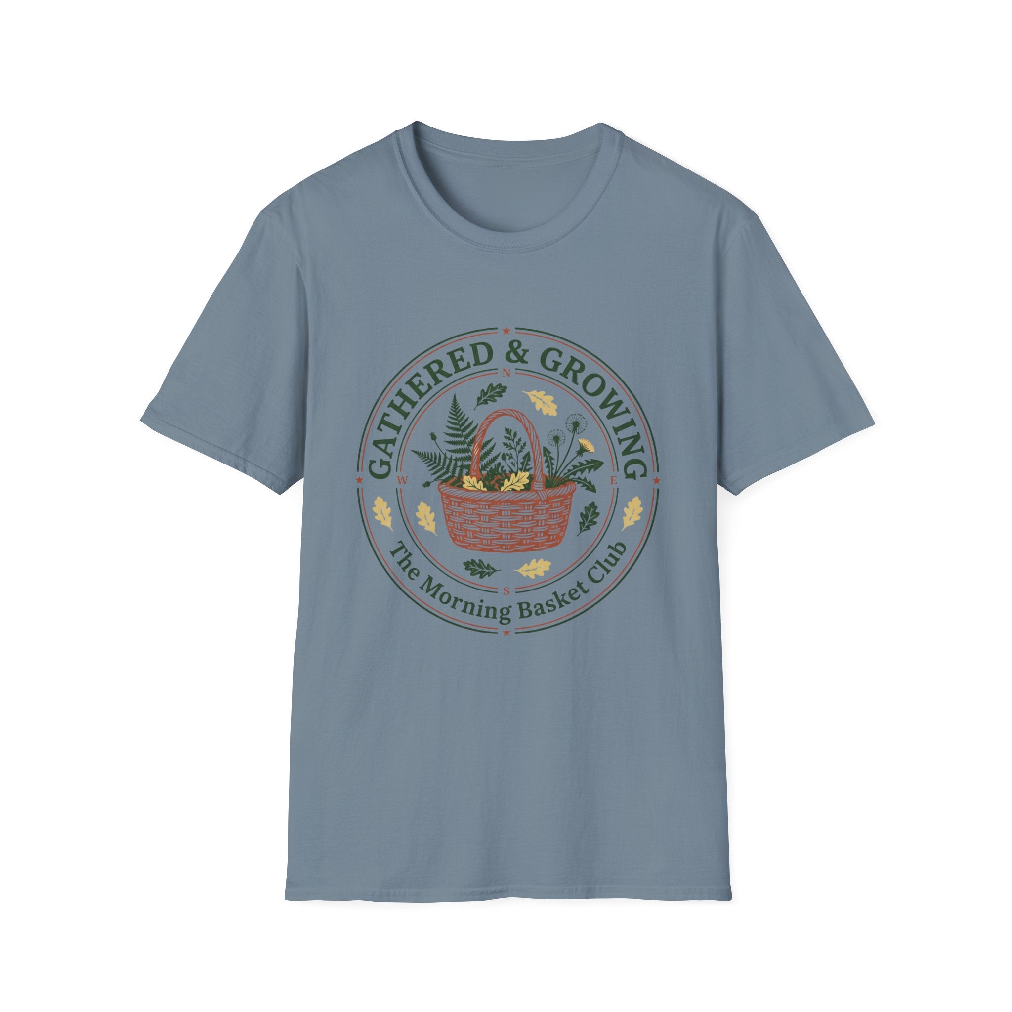 Gathered & Growing homeschool mom graphic t-shirt with a gathered-at-home inspired graphic with books, florals, and cozy family learning details