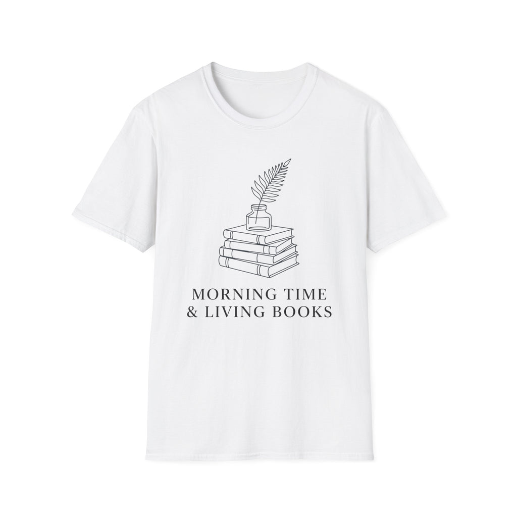 Morning Time & Living Books homeschool mom graphic t-shirt with a Charlotte Mason-inspired design with books, nature details, and vintage homeschool charm