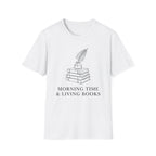 Morning Time & Living Books homeschool mom graphic t-shirt with a Charlotte Mason-inspired design with books, nature details, and vintage homeschool charm