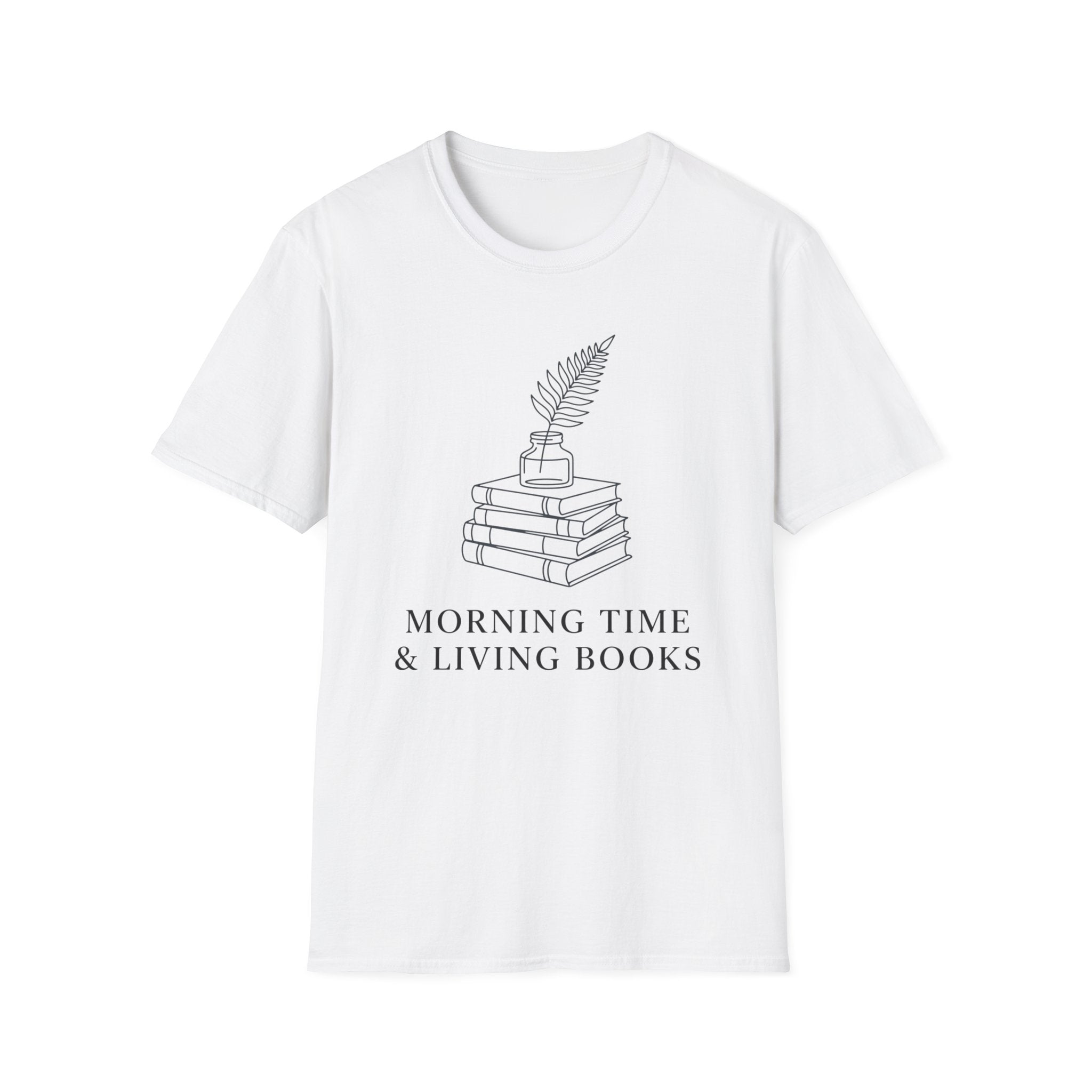 Morning Time & Living Books homeschool mom graphic t-shirt with a Charlotte Mason-inspired design with books, nature details, and vintage homeschool charm