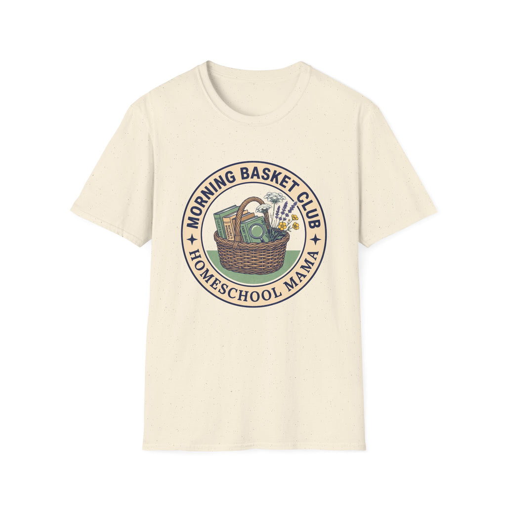 Morning Basket Club homeschool mom graphic t-shirt with a cozy morning basket-inspired design with books, gentle details, and home learning charm