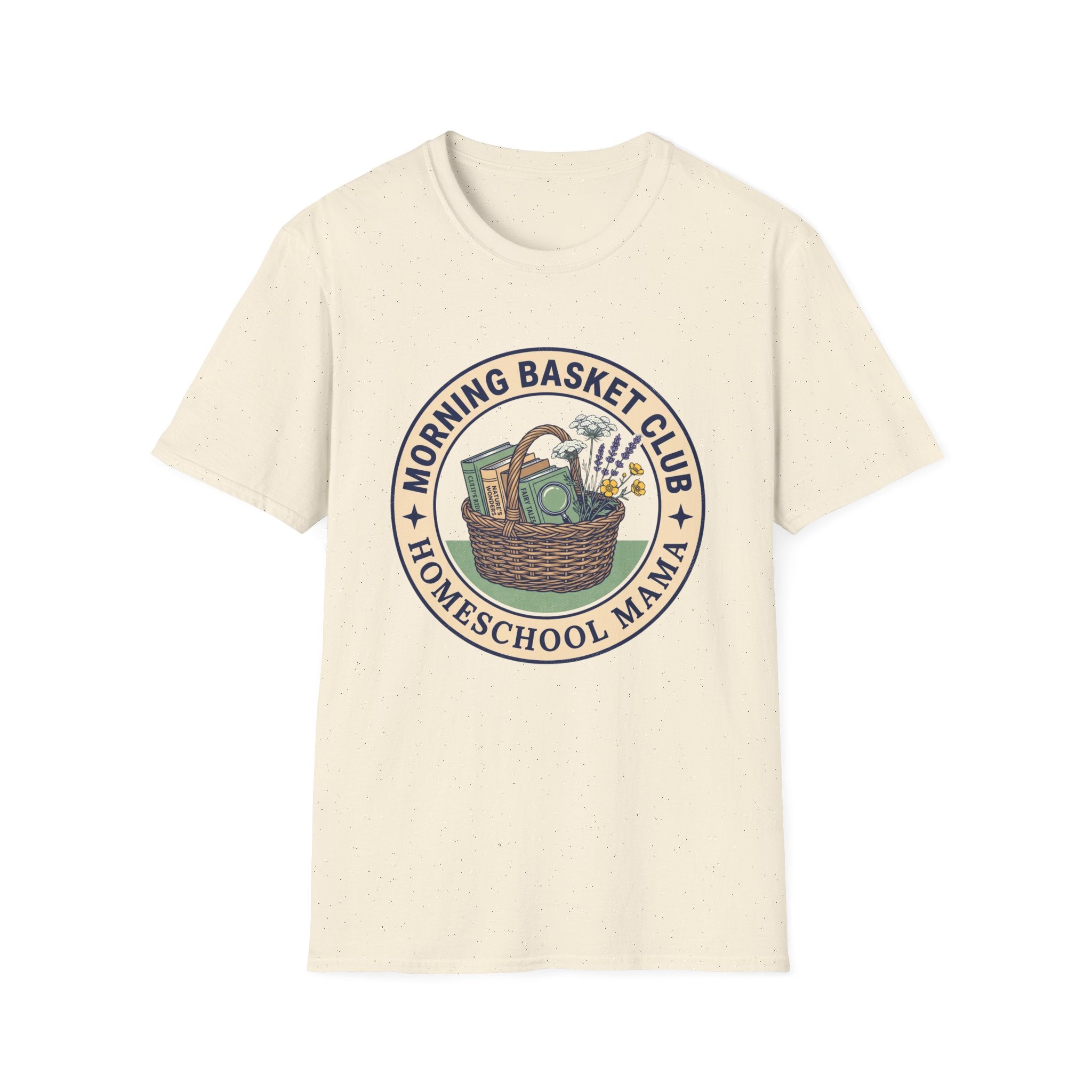 Morning Basket Club homeschool mom graphic t-shirt with a cozy morning basket-inspired design with books, gentle details, and home learning charm