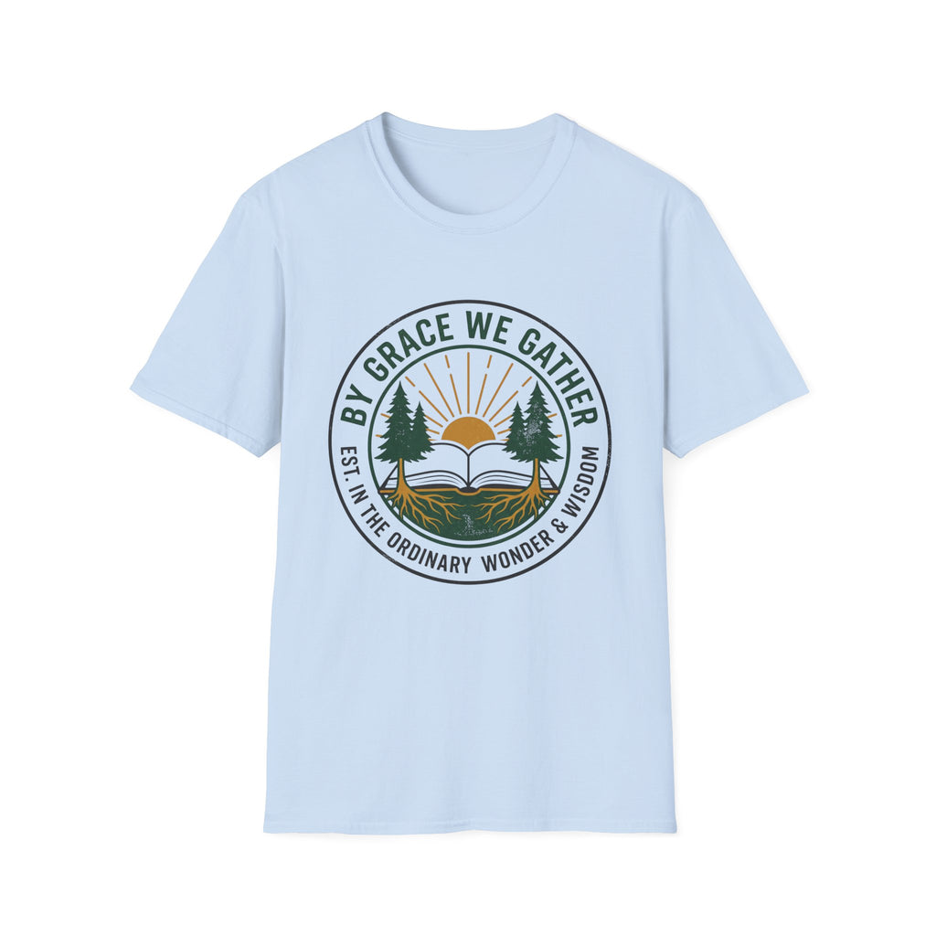 By Grace We Gather homeschool mom graphic t-shirt with a gathered-at-home inspired graphic with books, florals, and cozy family learning details