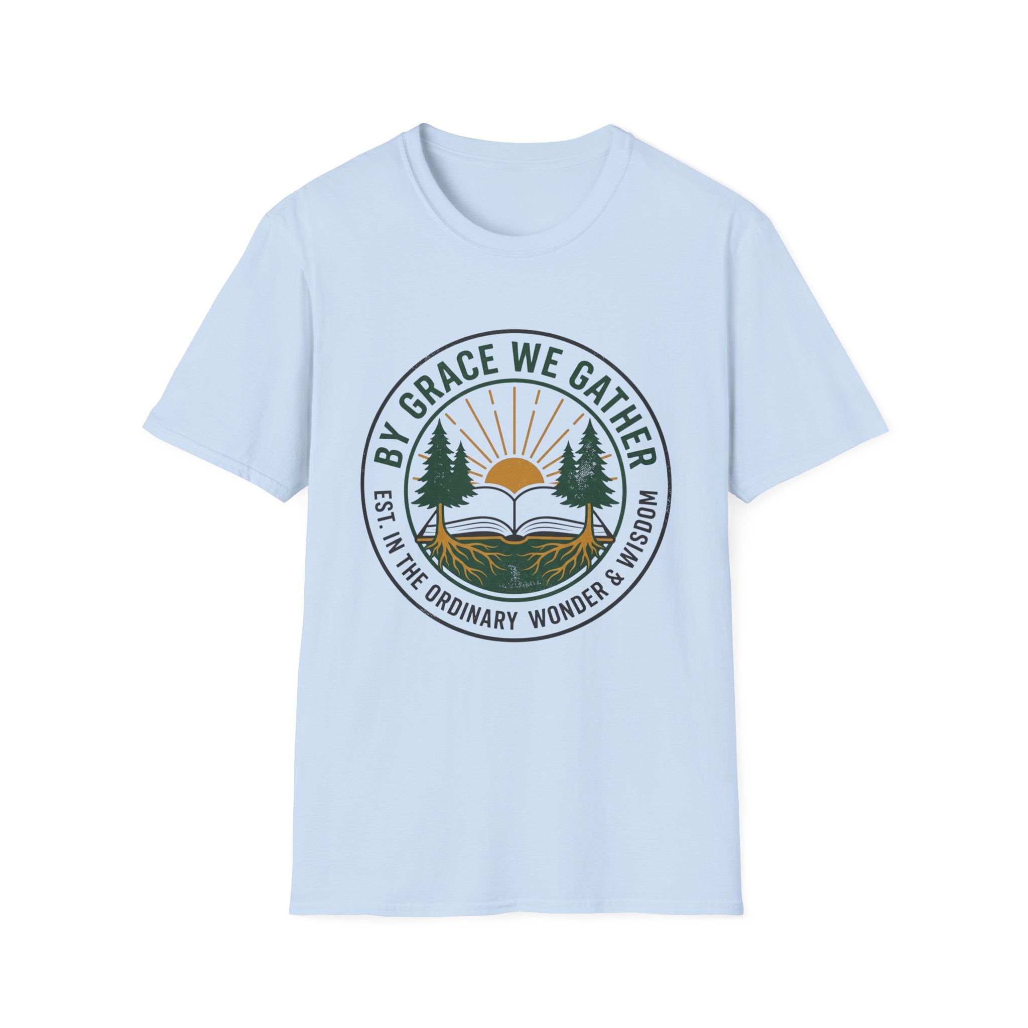 By Grace We Gather homeschool mom graphic t-shirt with a gathered-at-home inspired graphic with books, florals, and cozy family learning details