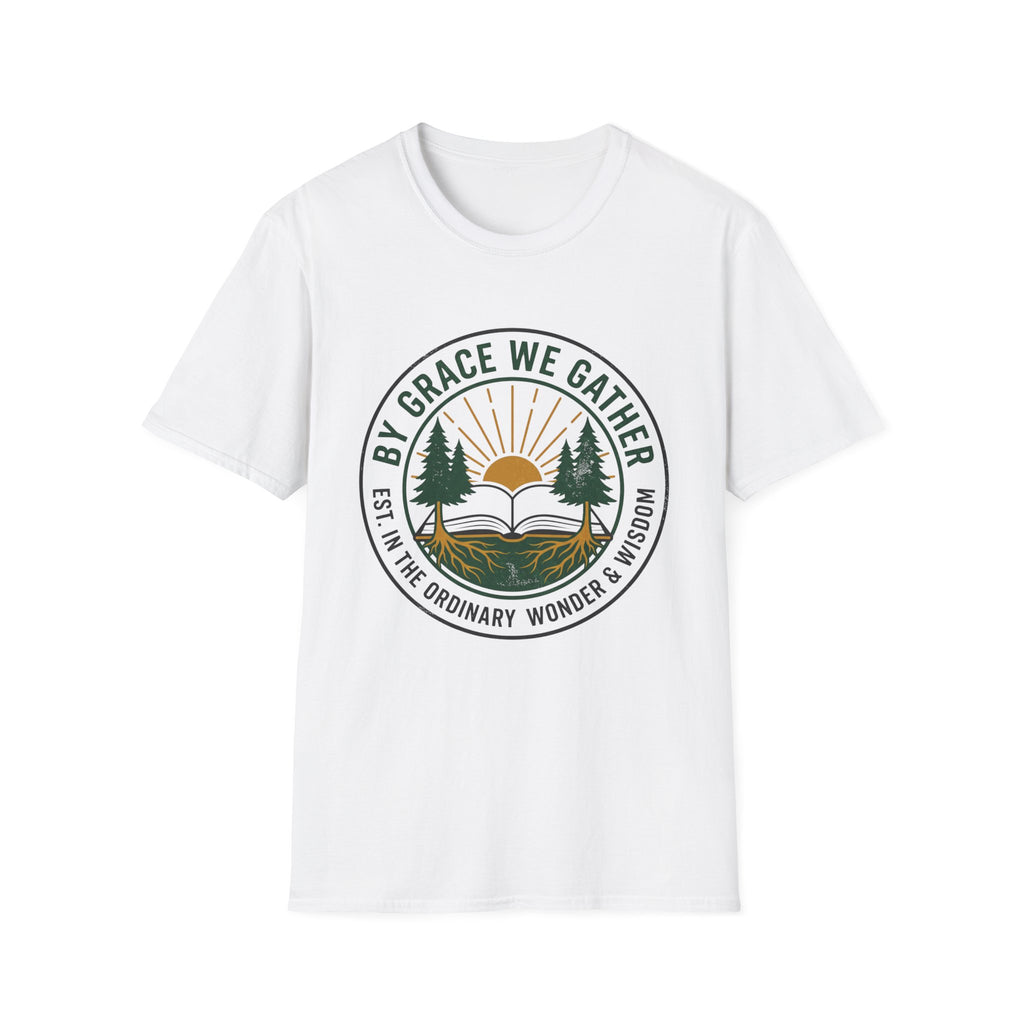 By Grace We Gather homeschool mom graphic t-shirt with a gathered-at-home inspired graphic with books, florals, and cozy family learning details