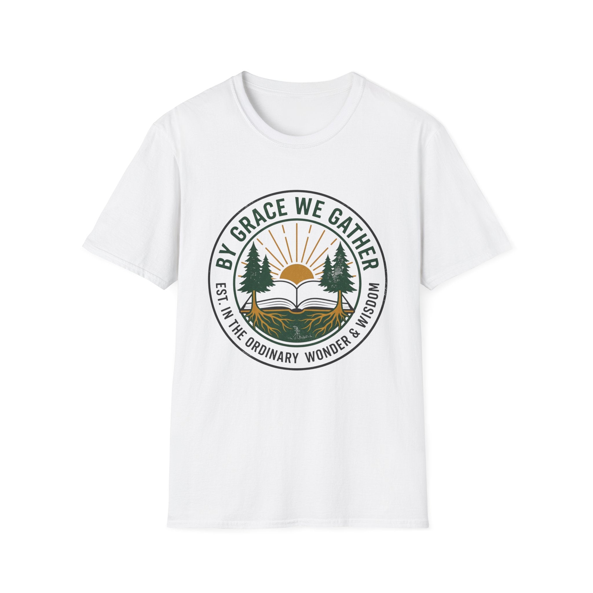 By Grace We Gather homeschool mom graphic t-shirt with a gathered-at-home inspired graphic with books, florals, and cozy family learning details