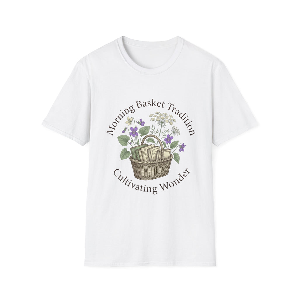 Morning Basket Tradition homeschool mom graphic t-shirt with a cozy morning basket-inspired design with books, gentle details, and home learning charm