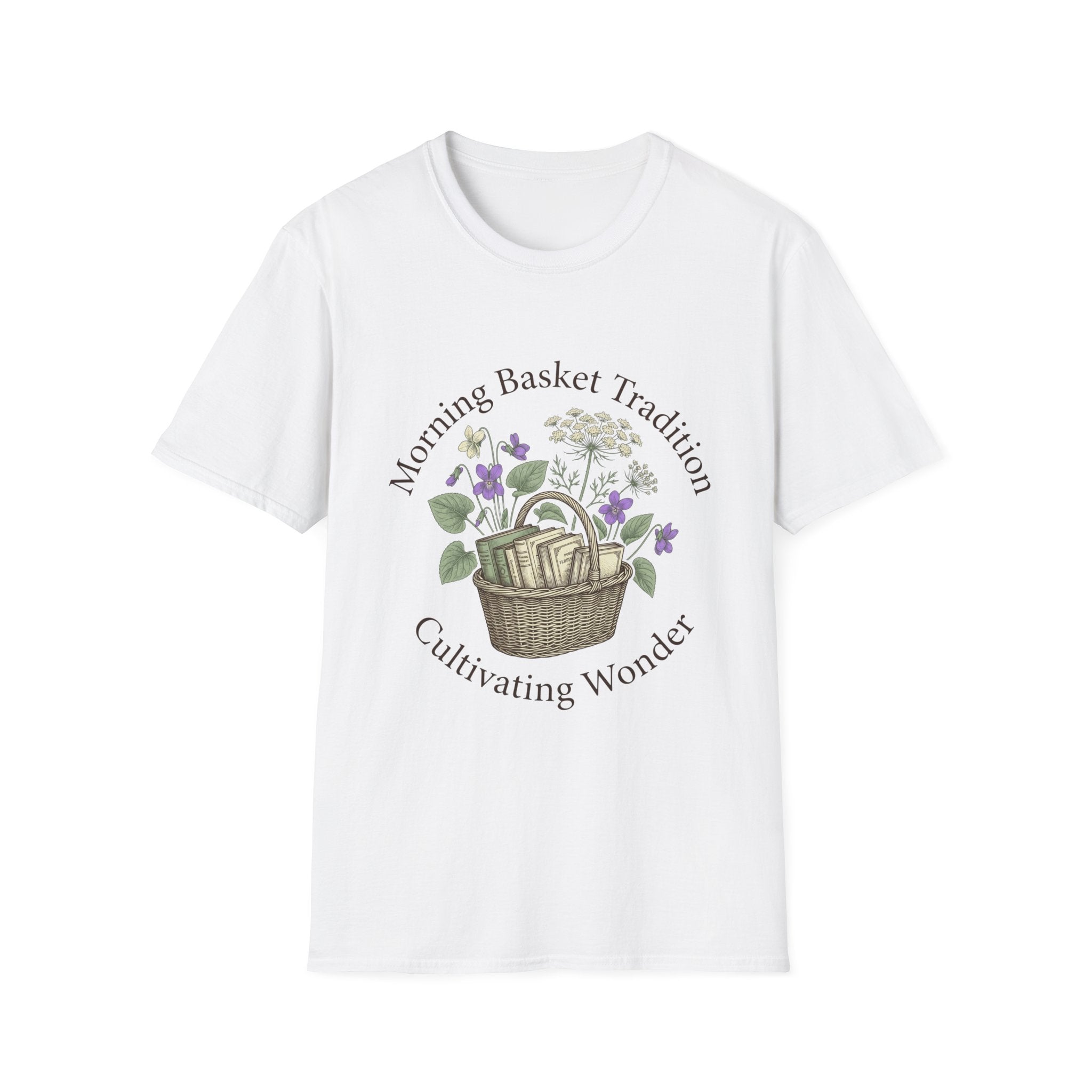 Morning Basket Tradition homeschool mom graphic t-shirt with a cozy morning basket-inspired design with books, gentle details, and home learning charm