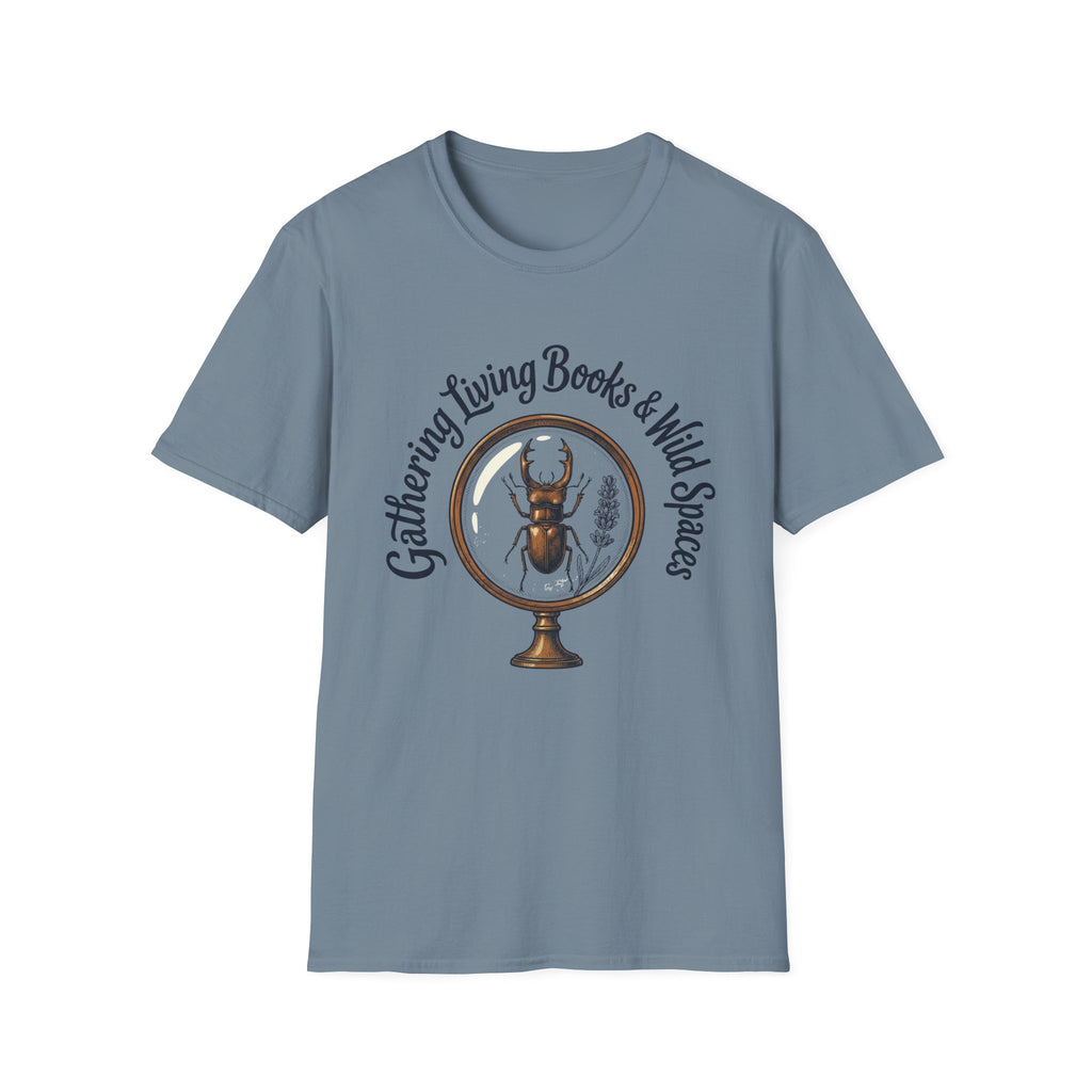 Gathering Living Books homeschool mom graphic t-shirt with a gathered-at-home inspired graphic with books, florals, and cozy family learning details