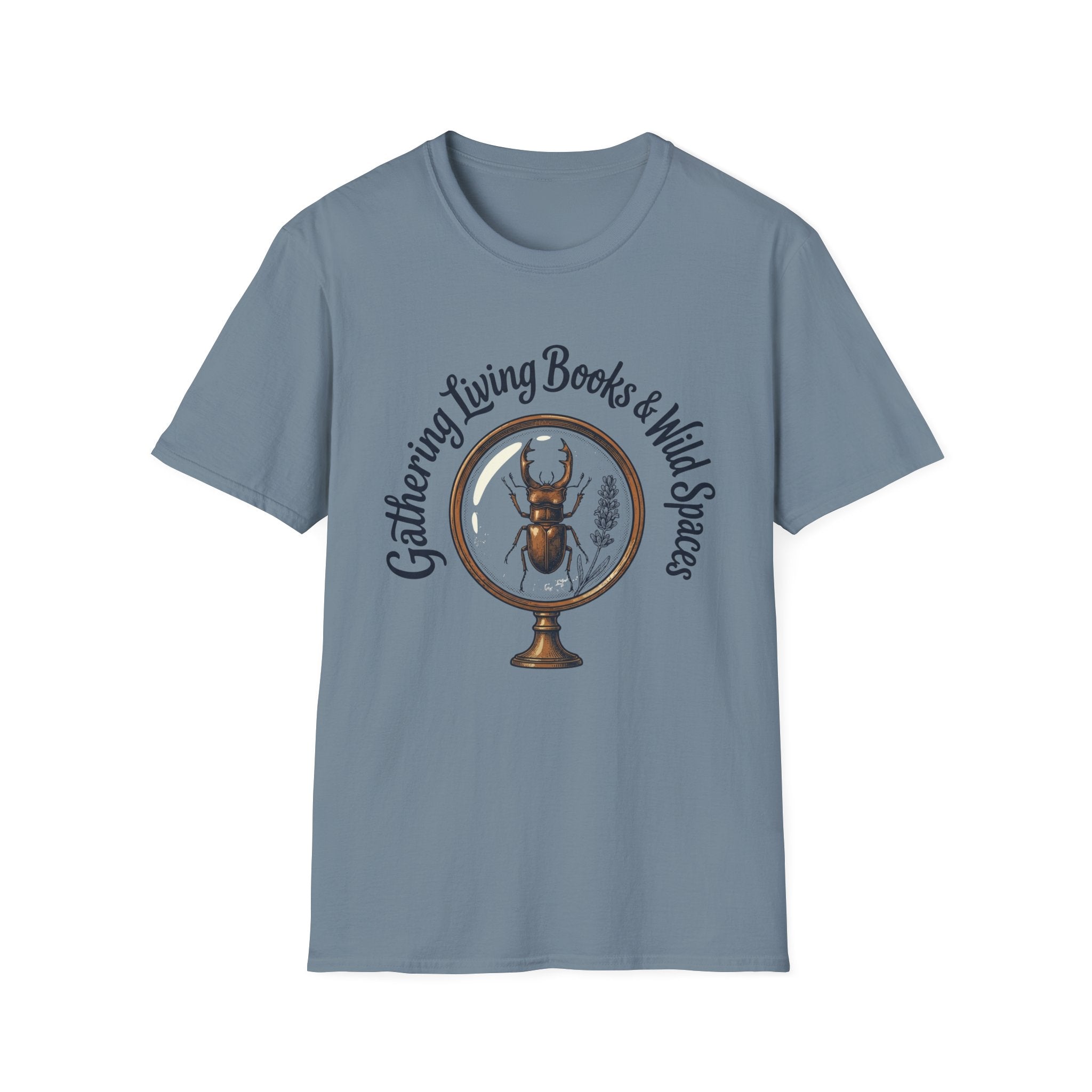 Gathering Living Books homeschool mom graphic t-shirt with a gathered-at-home inspired graphic with books, florals, and cozy family learning details