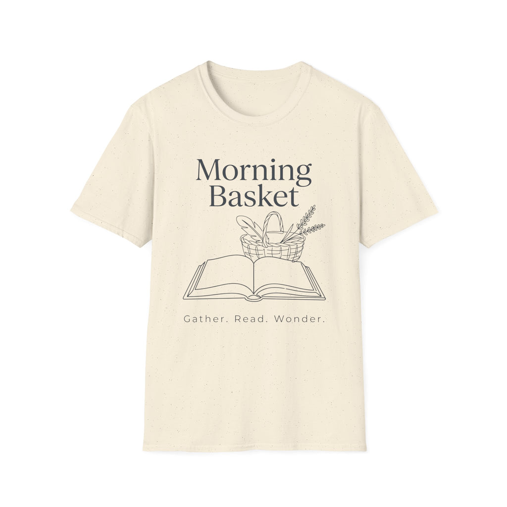 Morning Basket homeschool mom graphic t-shirt with a cozy morning basket-inspired design with books, gentle details, and home learning charm