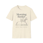 Morning Basket homeschool mom graphic t-shirt with a cozy morning basket-inspired design with books, gentle details, and home learning charm