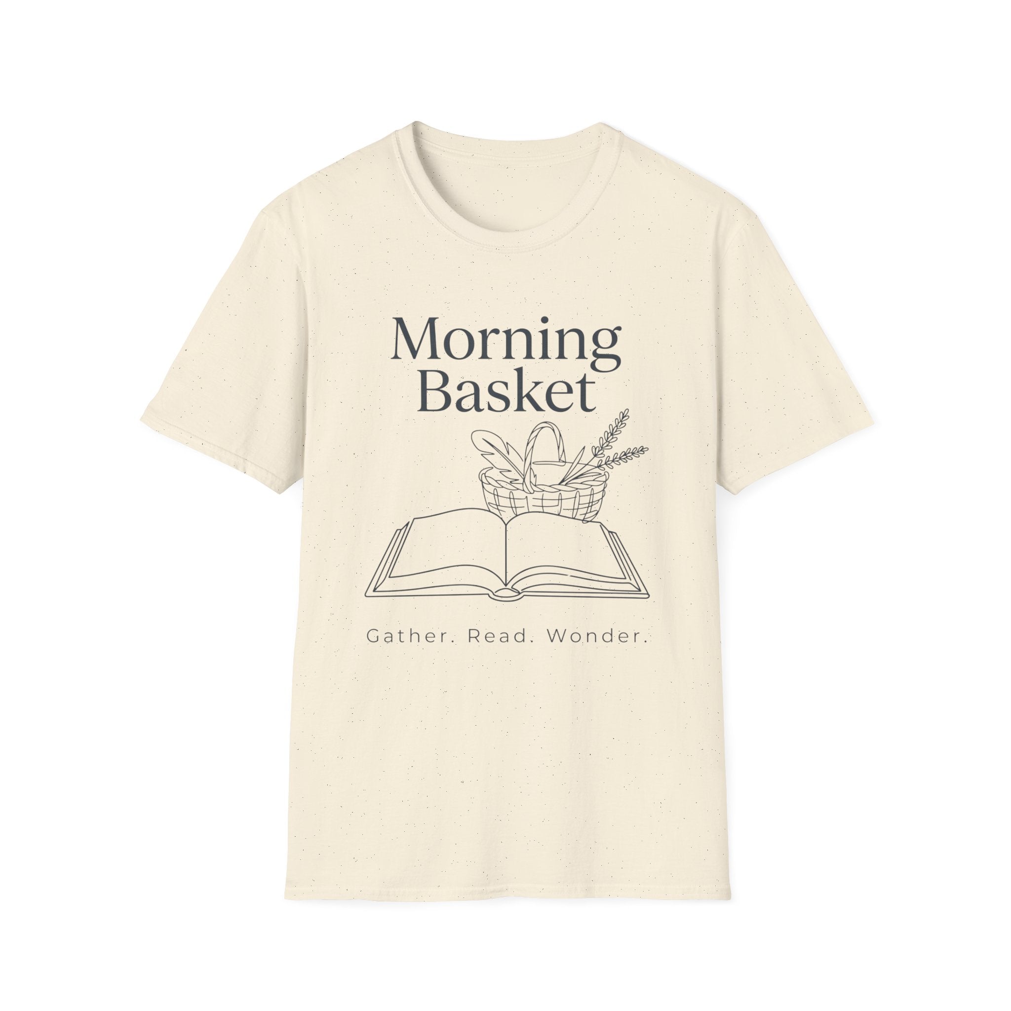 Morning Basket homeschool mom graphic t-shirt with a cozy morning basket-inspired design with books, gentle details, and home learning charm