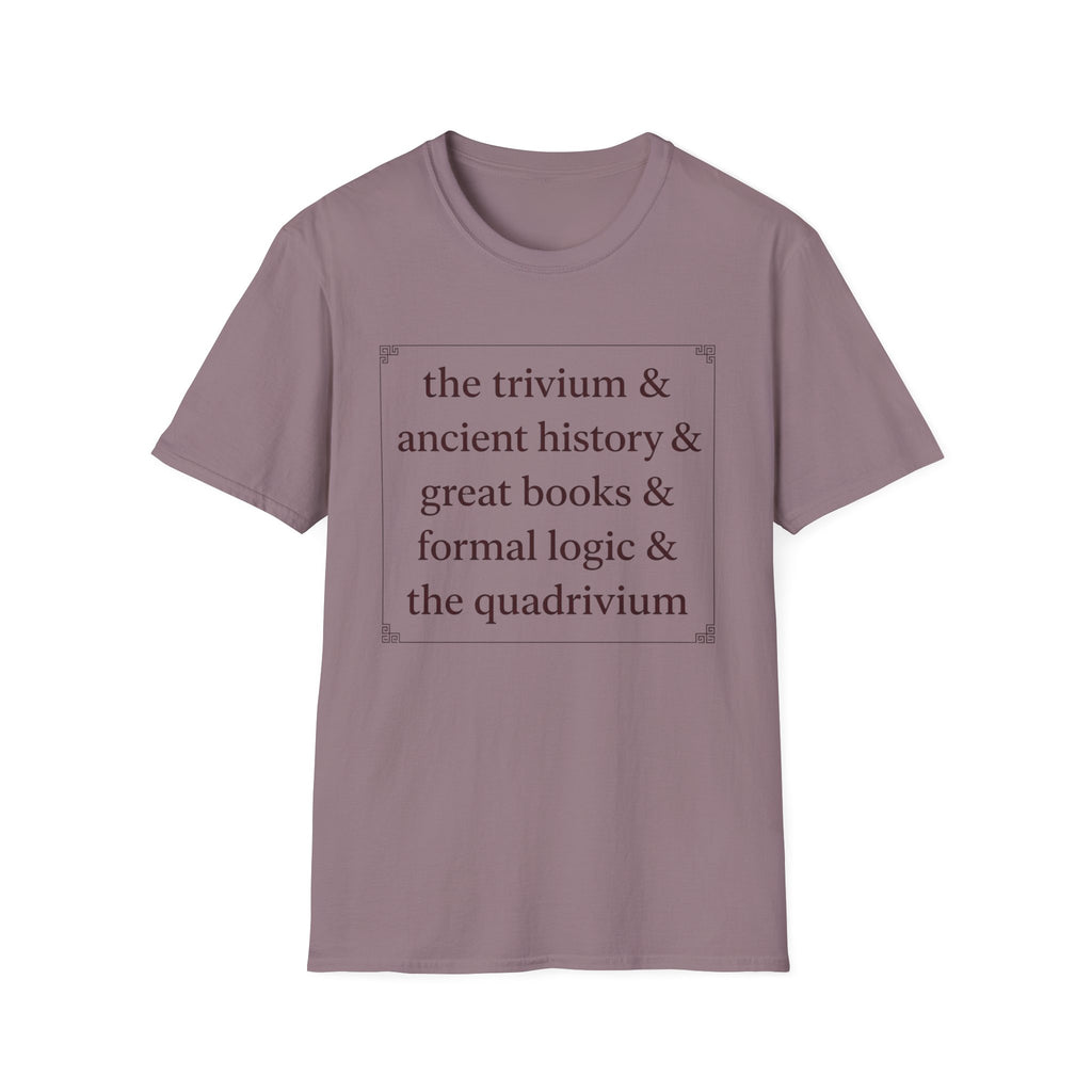 Trivium Check List homeschool mom graphic t-shirt with a playful checklist-style homeschool graphic with bookish and nature-inspired details