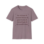 Trivium Check List homeschool mom graphic t-shirt with a playful checklist-style homeschool graphic with bookish and nature-inspired details