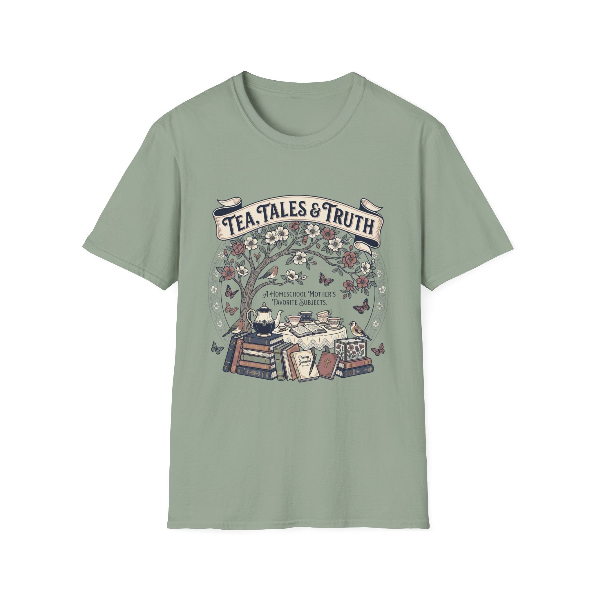 Tea, Tales, & Truth homeschool mom graphic t-shirt with a faith-filled homeschool design with gentle lettering and classic illustrative details