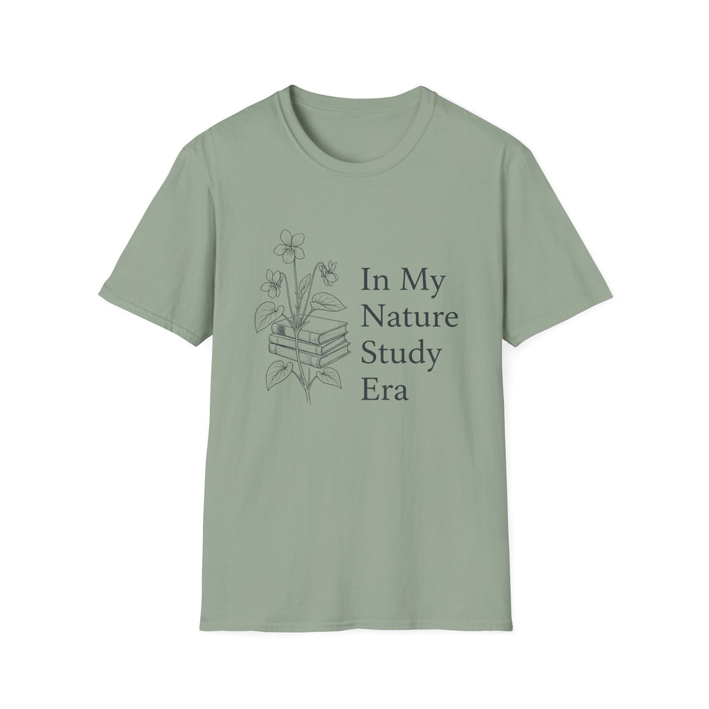 Nature Study Era homeschool mom graphic t-shirt with a Charlotte Mason-inspired design with books, nature details, and vintage homeschool charm