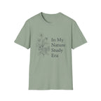 Nature Study Era homeschool mom graphic t-shirt with a Charlotte Mason-inspired design with books, nature details, and vintage homeschool charm