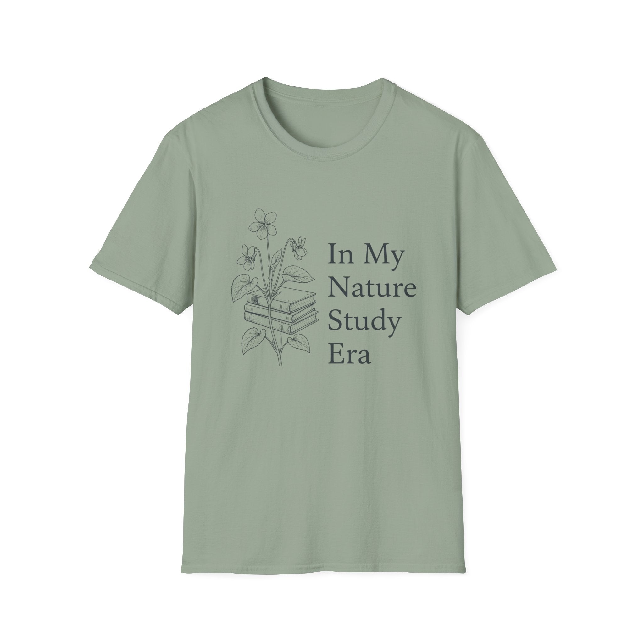 Nature Study Era homeschool mom graphic t-shirt with a Charlotte Mason-inspired design with books, nature details, and vintage homeschool charm