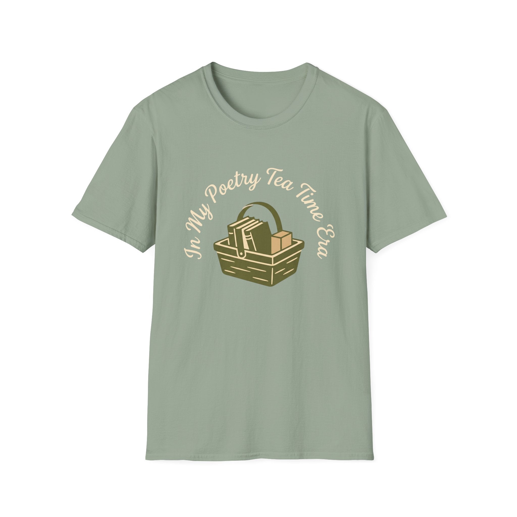 In My Poetry Tea Time Era homeschool mom t-shirt with books and tea basket graphic