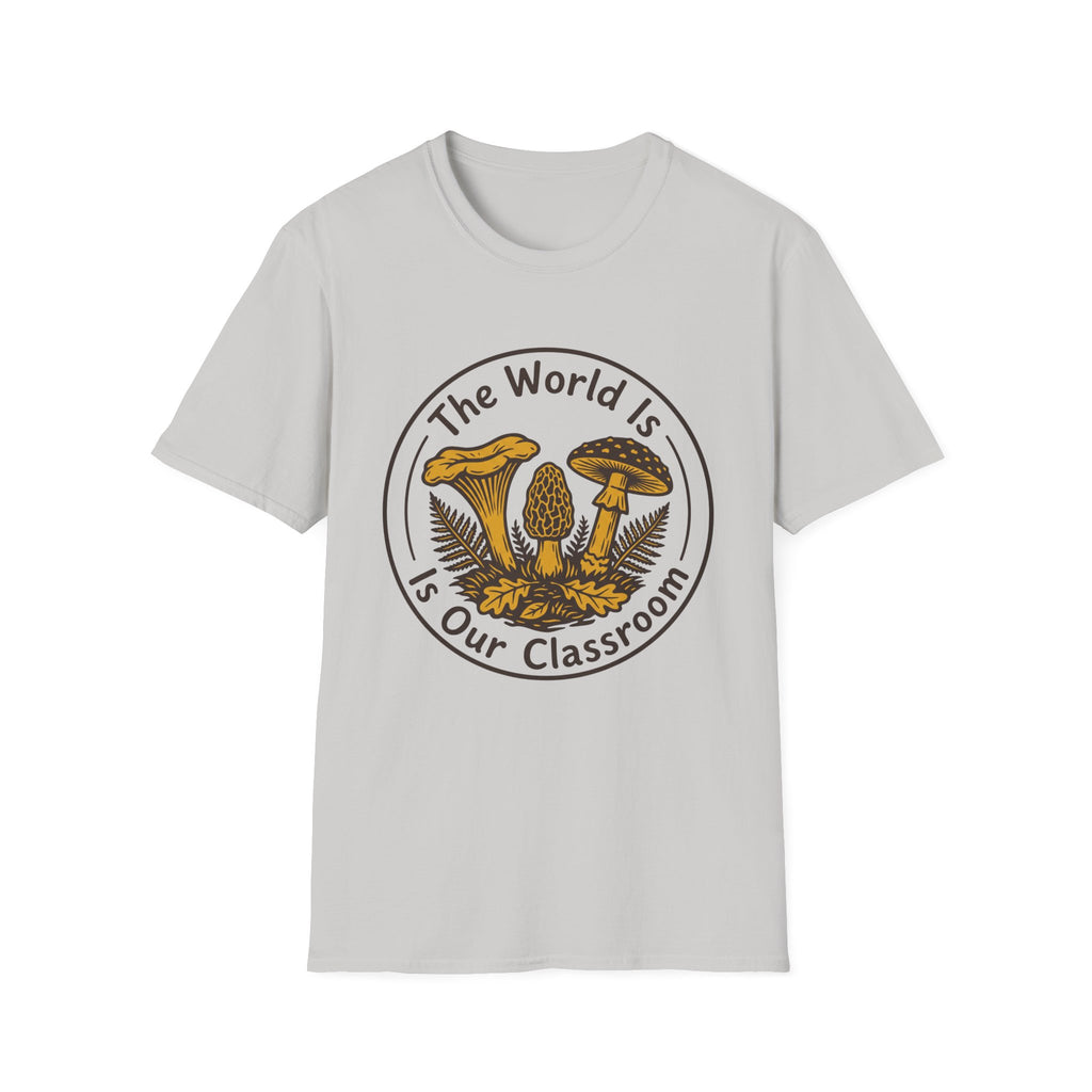 The World Is Our Classroom homeschool mom graphic t-shirt with an adventurous homeschool graphic with nature, books, and outdoor learning energy