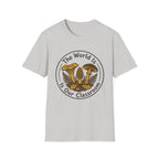 The World Is Our Classroom homeschool mom graphic t-shirt with an adventurous homeschool graphic with nature, books, and outdoor learning energy