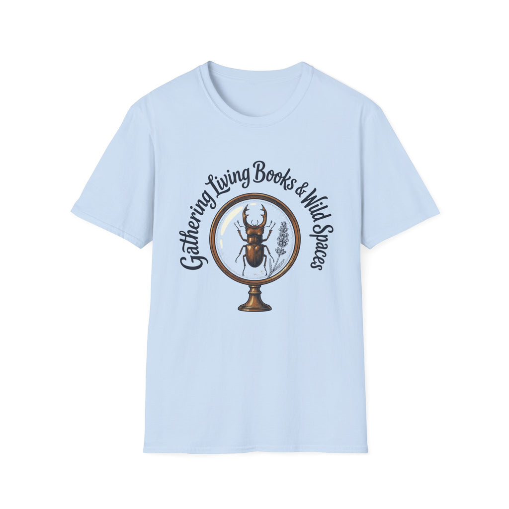 Gathering Living Books homeschool mom graphic t-shirt with a gathered-at-home inspired graphic with books, florals, and cozy family learning details