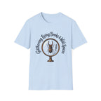 Gathering Living Books homeschool mom graphic t-shirt with a gathered-at-home inspired graphic with books, florals, and cozy family learning details