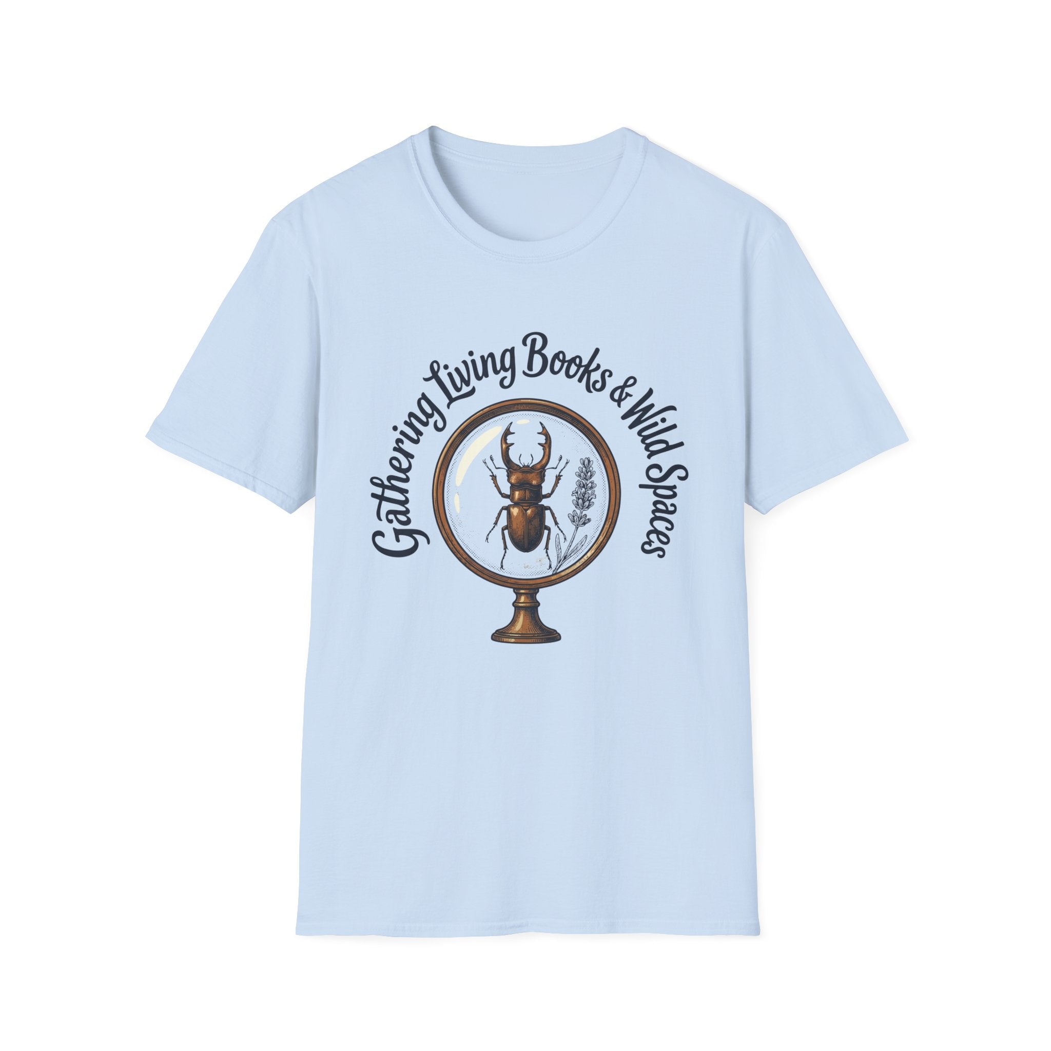 Gathering Living Books homeschool mom graphic t-shirt with a gathered-at-home inspired graphic with books, florals, and cozy family learning details
