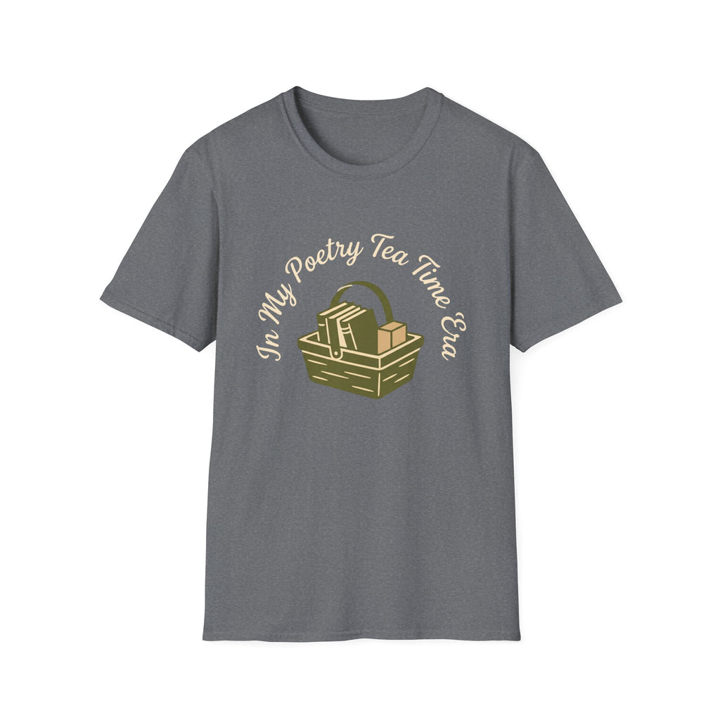 In My Poetry Tea Time Era homeschool mom t-shirt with books and tea basket graphic
