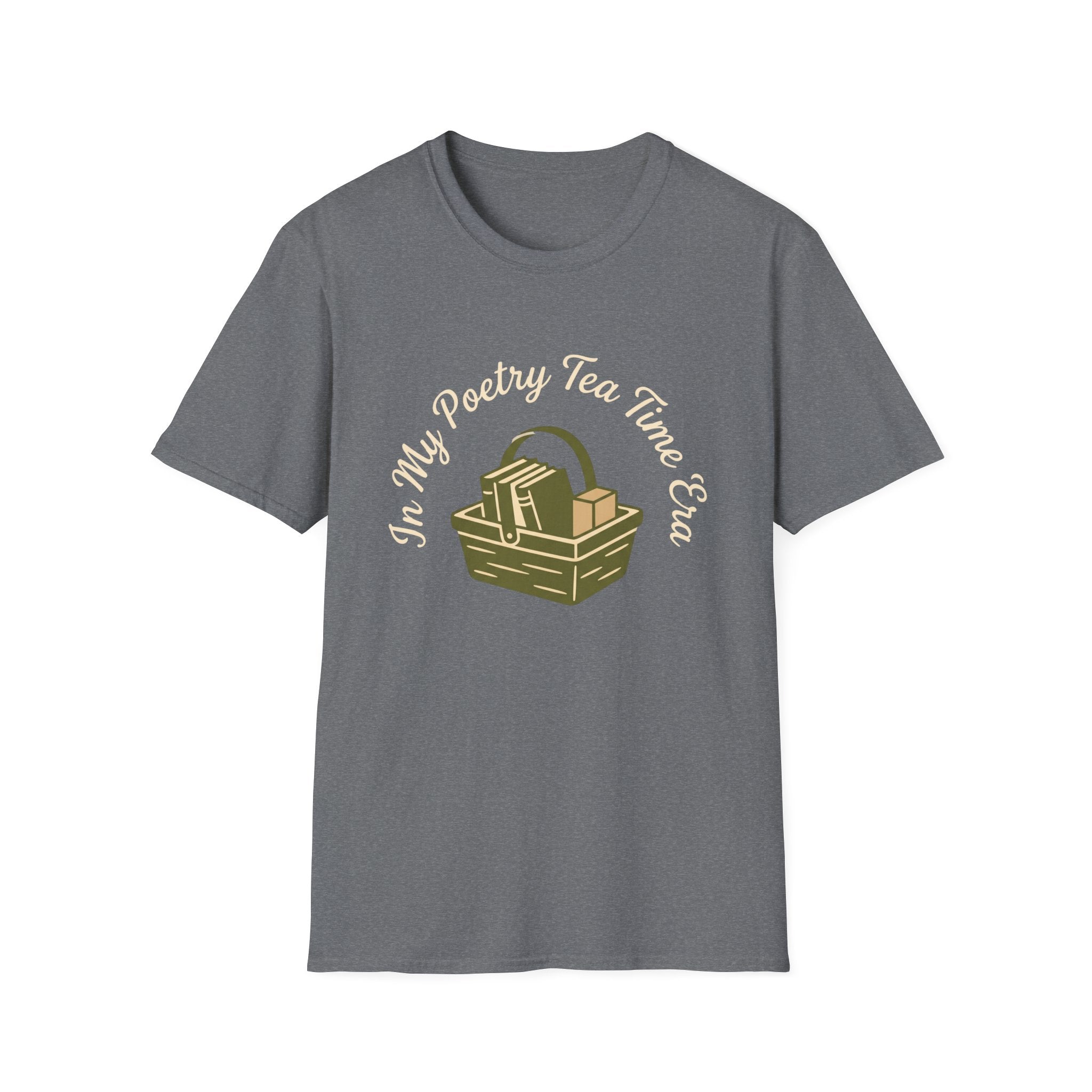 In My Poetry Tea Time Era homeschool mom t-shirt with books and tea basket graphic