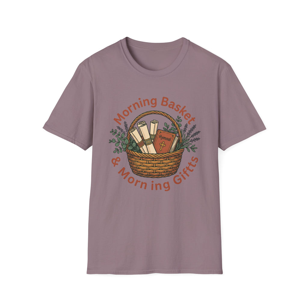 Morning Basket, Morning Gifts homeschool mom graphic t-shirt with a cozy morning basket-inspired design with books, gentle details, and home learning charm