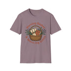Morning Basket, Morning Gifts homeschool mom graphic t-shirt with a cozy morning basket-inspired design with books, gentle details, and home learning charm
