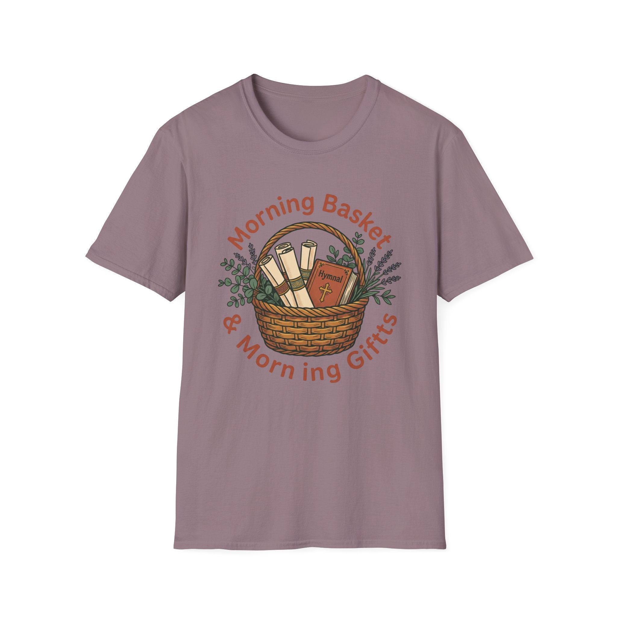 Morning Basket, Morning Gifts homeschool mom graphic t-shirt with a cozy morning basket-inspired design with books, gentle details, and home learning charm