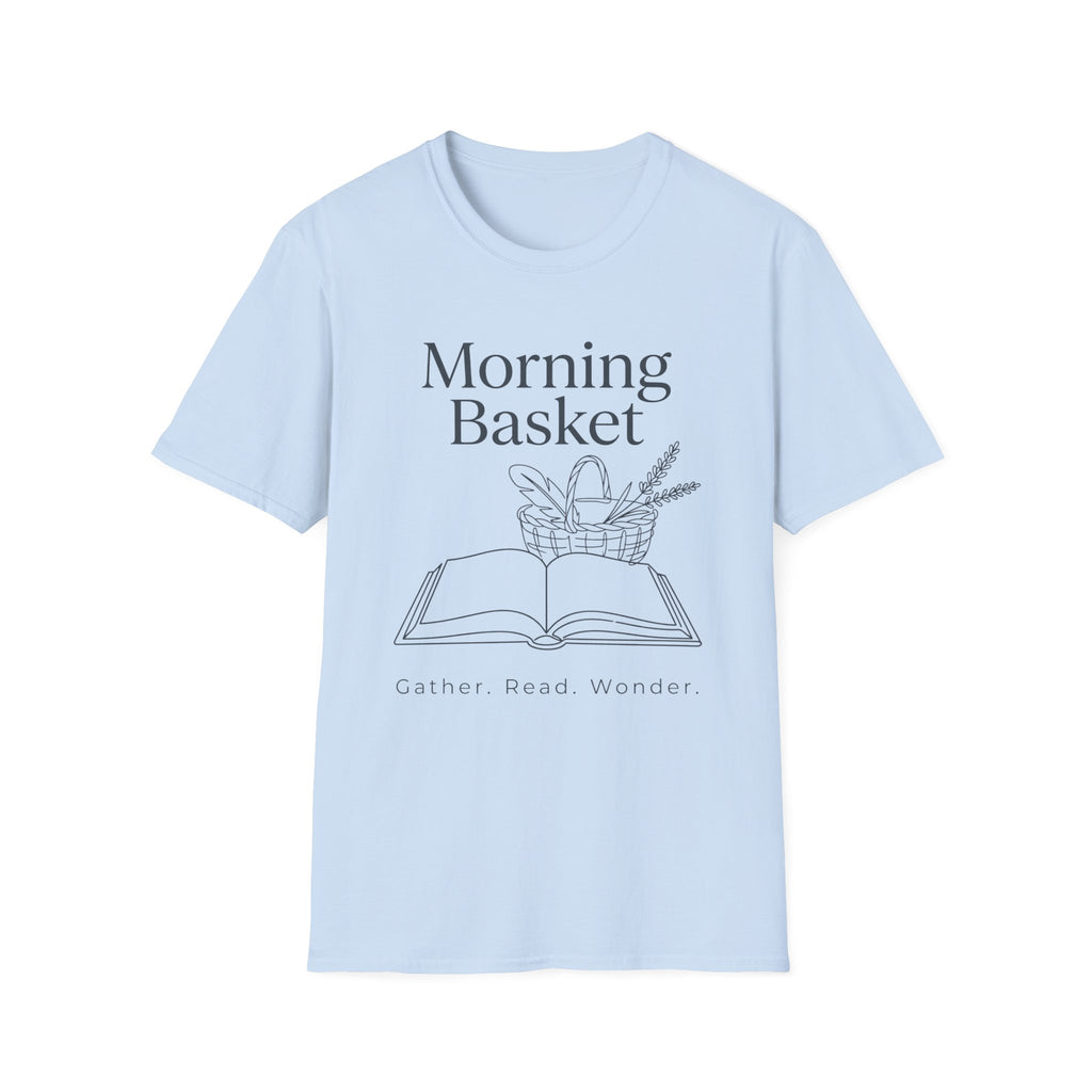 Morning Basket homeschool mom graphic t-shirt with a cozy morning basket-inspired design with books, gentle details, and home learning charm