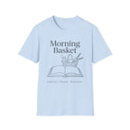 Morning Basket homeschool mom graphic t-shirt with a cozy morning basket-inspired design with books, gentle details, and home learning charm