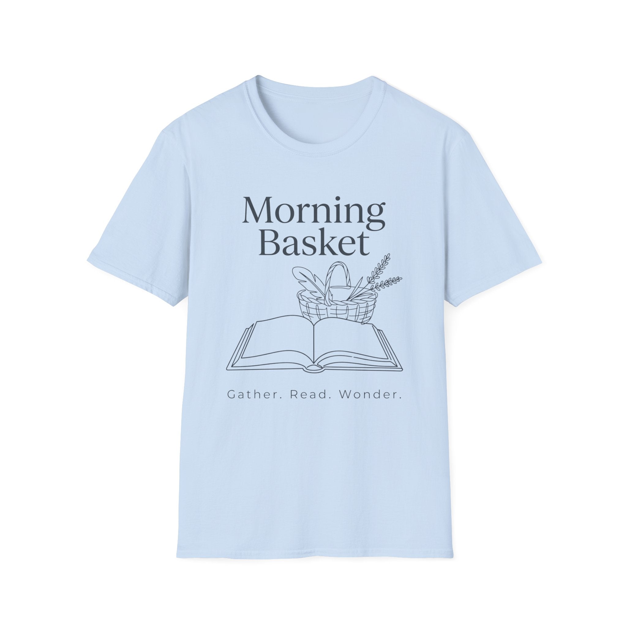 Morning Basket homeschool mom graphic t-shirt with a cozy morning basket-inspired design with books, gentle details, and home learning charm