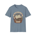 Living Books & Lovely Things homeschool mom graphic t-shirt with a Charlotte Mason-inspired design with books, nature details, and vintage homeschool charm