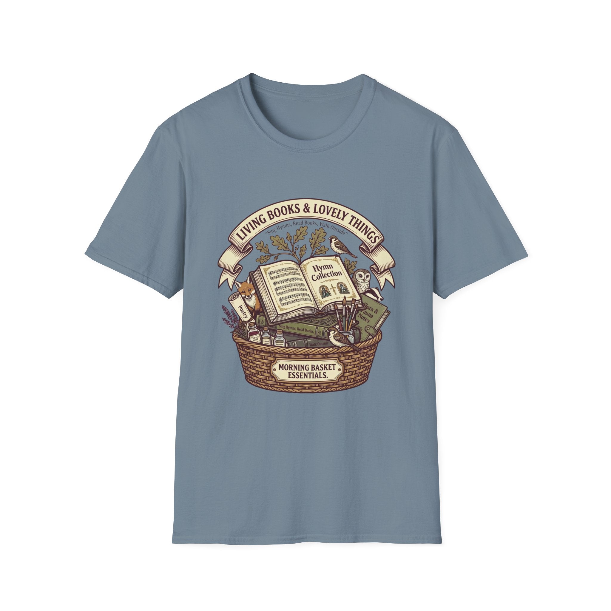 Living Books & Lovely Things homeschool mom graphic t-shirt with a Charlotte Mason-inspired design with books, nature details, and vintage homeschool charm