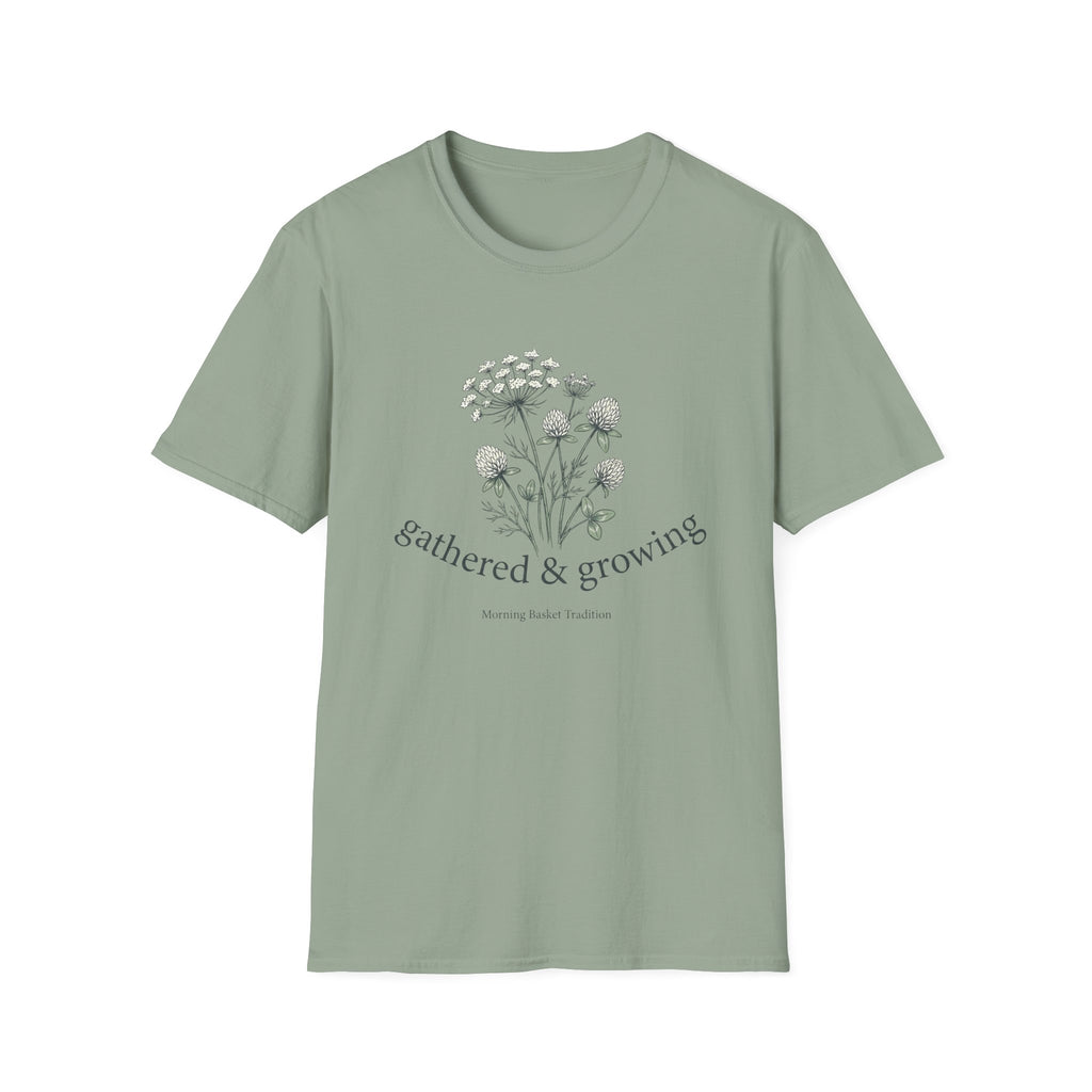 Gathered & Growing homeschool mom graphic t-shirt with a gathered-at-home inspired graphic with books, florals, and cozy family learning details