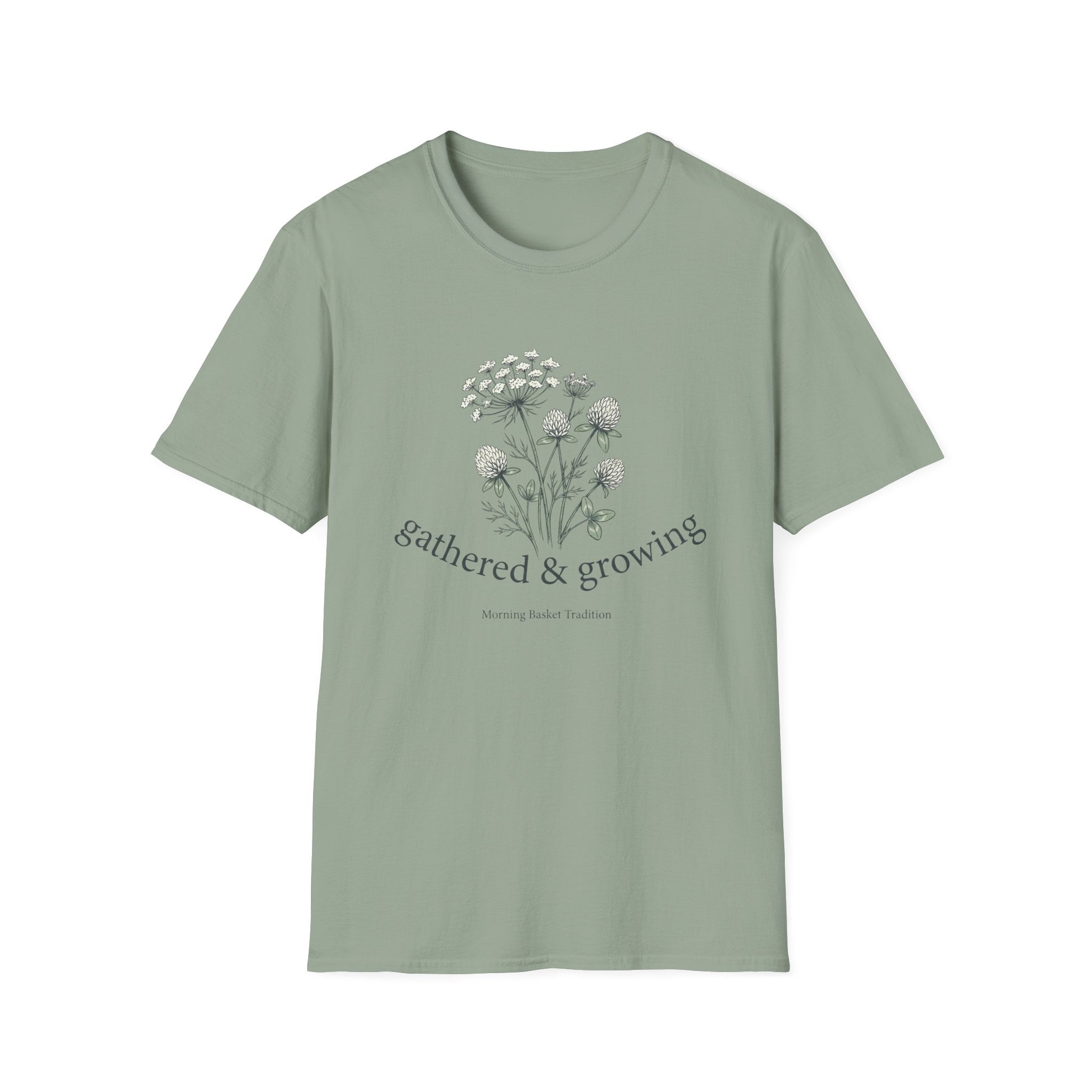 Gathered & Growing homeschool mom graphic t-shirt with a gathered-at-home inspired graphic with books, florals, and cozy family learning details