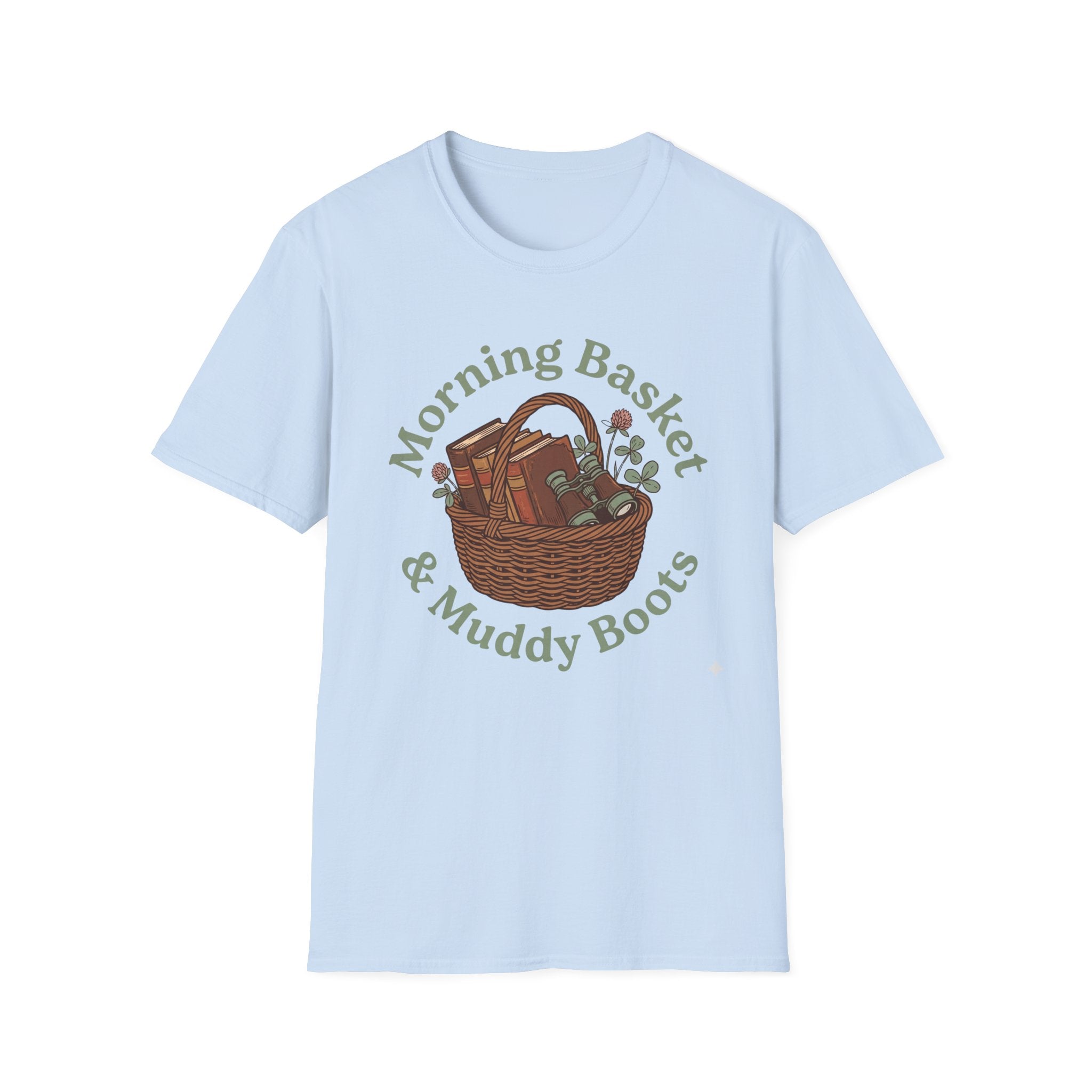 Morning Basket, Muddy Boots homeschool mom graphic t-shirt with a cozy morning basket-inspired design with books, gentle details, and home learning charm