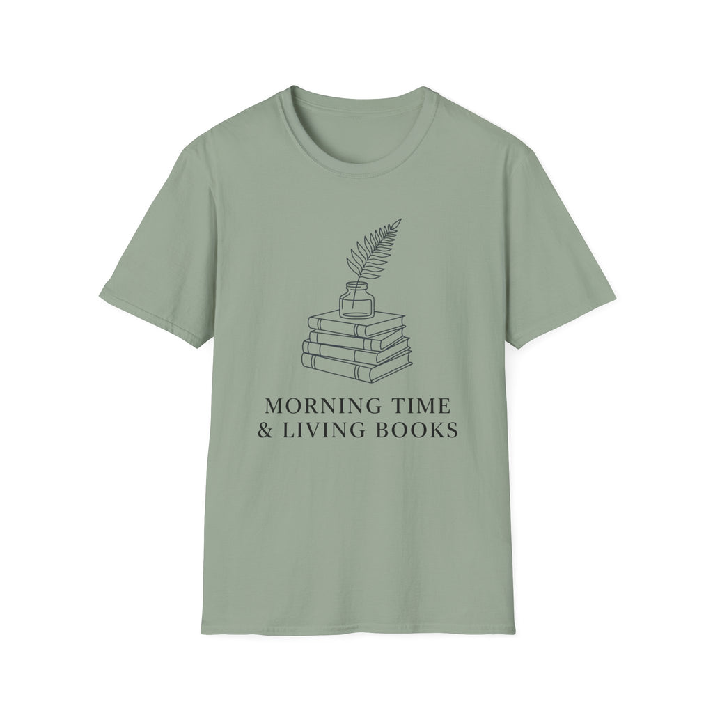 Morning Time & Living Books homeschool mom graphic t-shirt with a Charlotte Mason-inspired design with books, nature details, and vintage homeschool charm