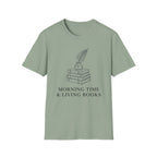 Morning Time & Living Books homeschool mom graphic t-shirt with a Charlotte Mason-inspired design with books, nature details, and vintage homeschool charm