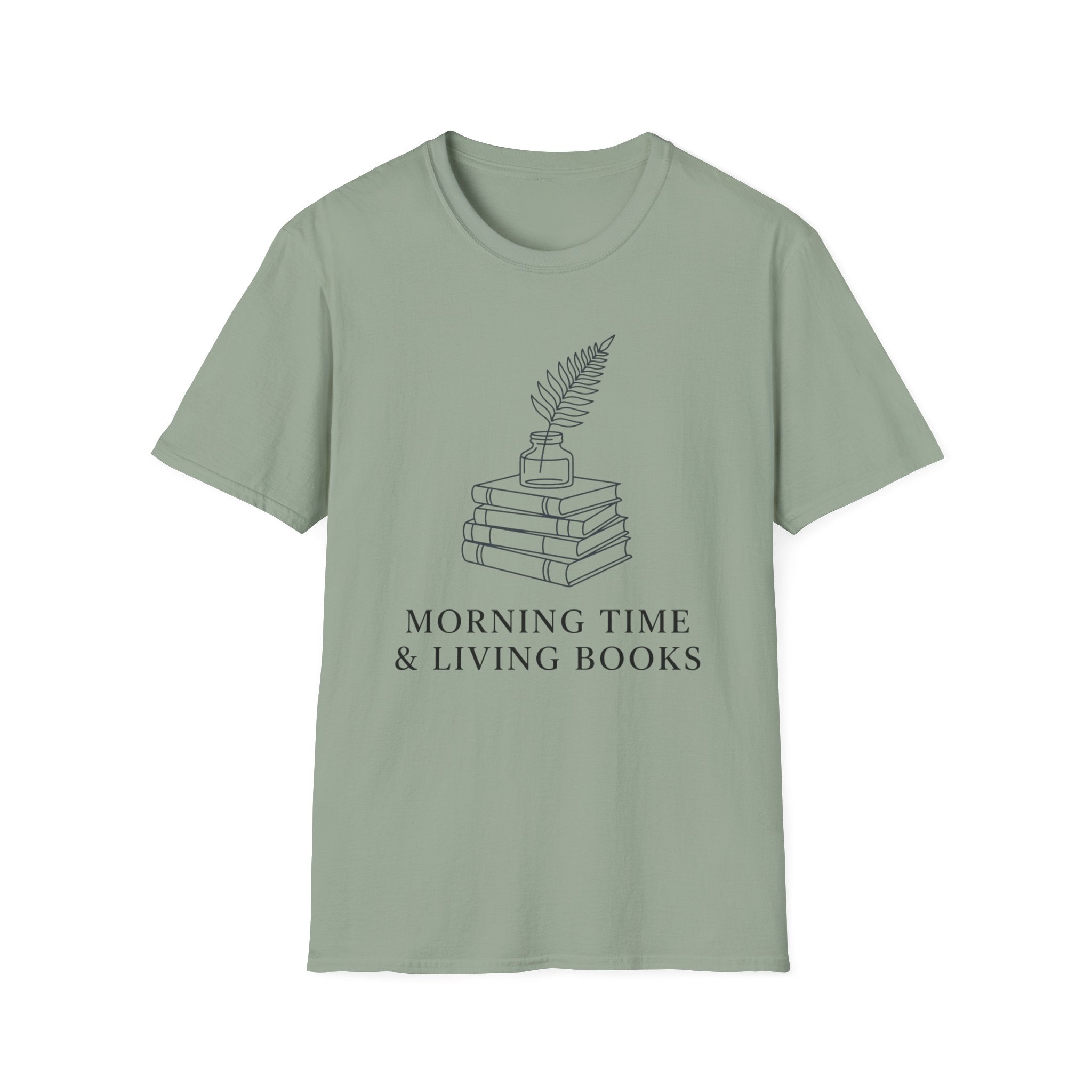 Morning Time & Living Books homeschool mom graphic t-shirt with a Charlotte Mason-inspired design with books, nature details, and vintage homeschool charm