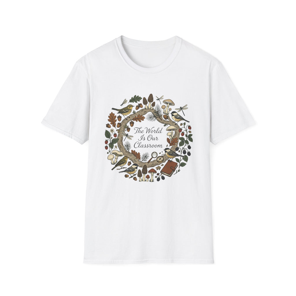 The World Is Our Classroom homeschool mom graphic t-shirt with an adventurous homeschool graphic with nature, books, and outdoor learning energy