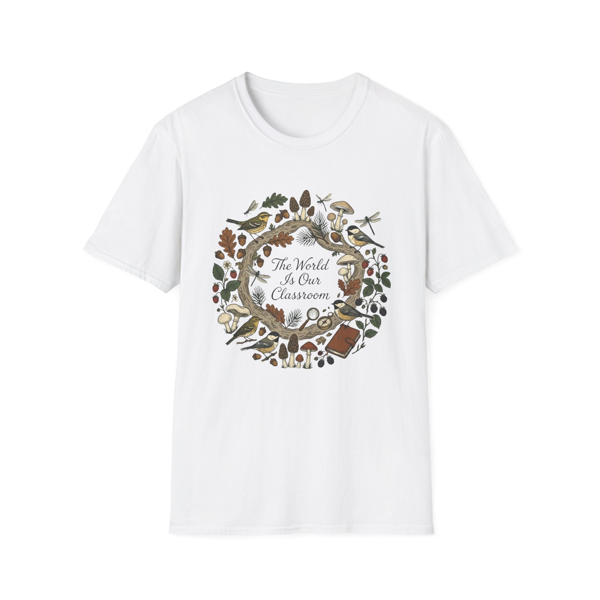 The World Is Our Classroom homeschool mom graphic t-shirt with an adventurous homeschool graphic with nature, books, and outdoor learning energy